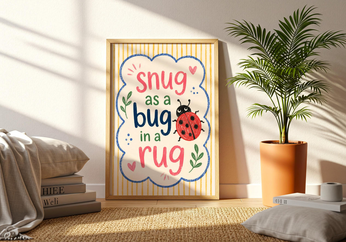 Reading corner wall art featuring playful typography and a smiling ladybird.