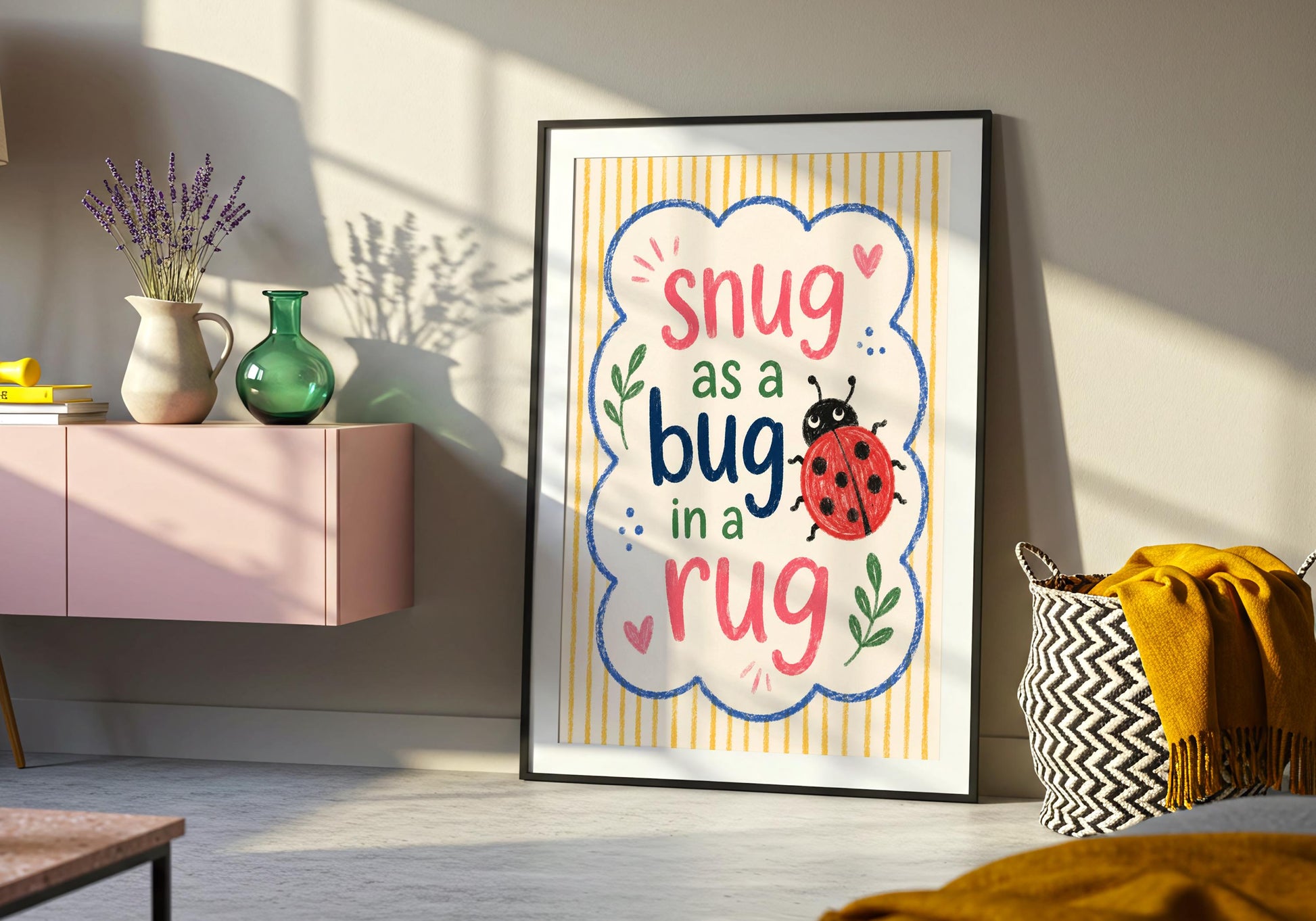 Colourful children's bedroom poster with friendly ladybird design.