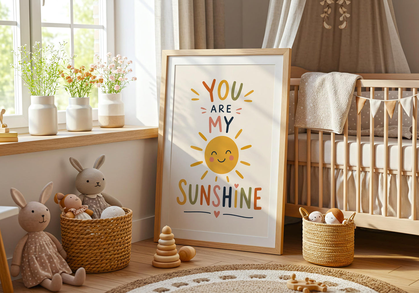 Boho nursery poster with smiling sunshine design.