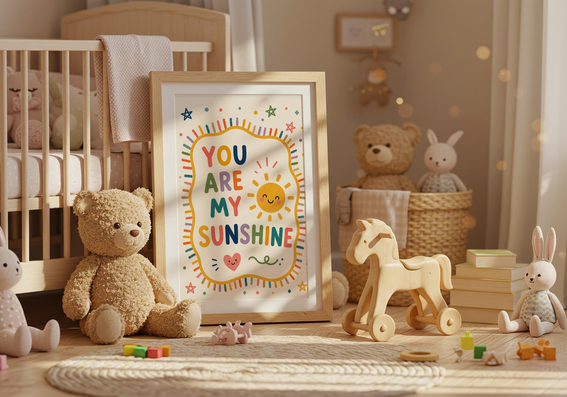 Colourful You Are My Sunshine print for nursery decor featuring playful hand-lettered typography and cute sunshine artwork.
