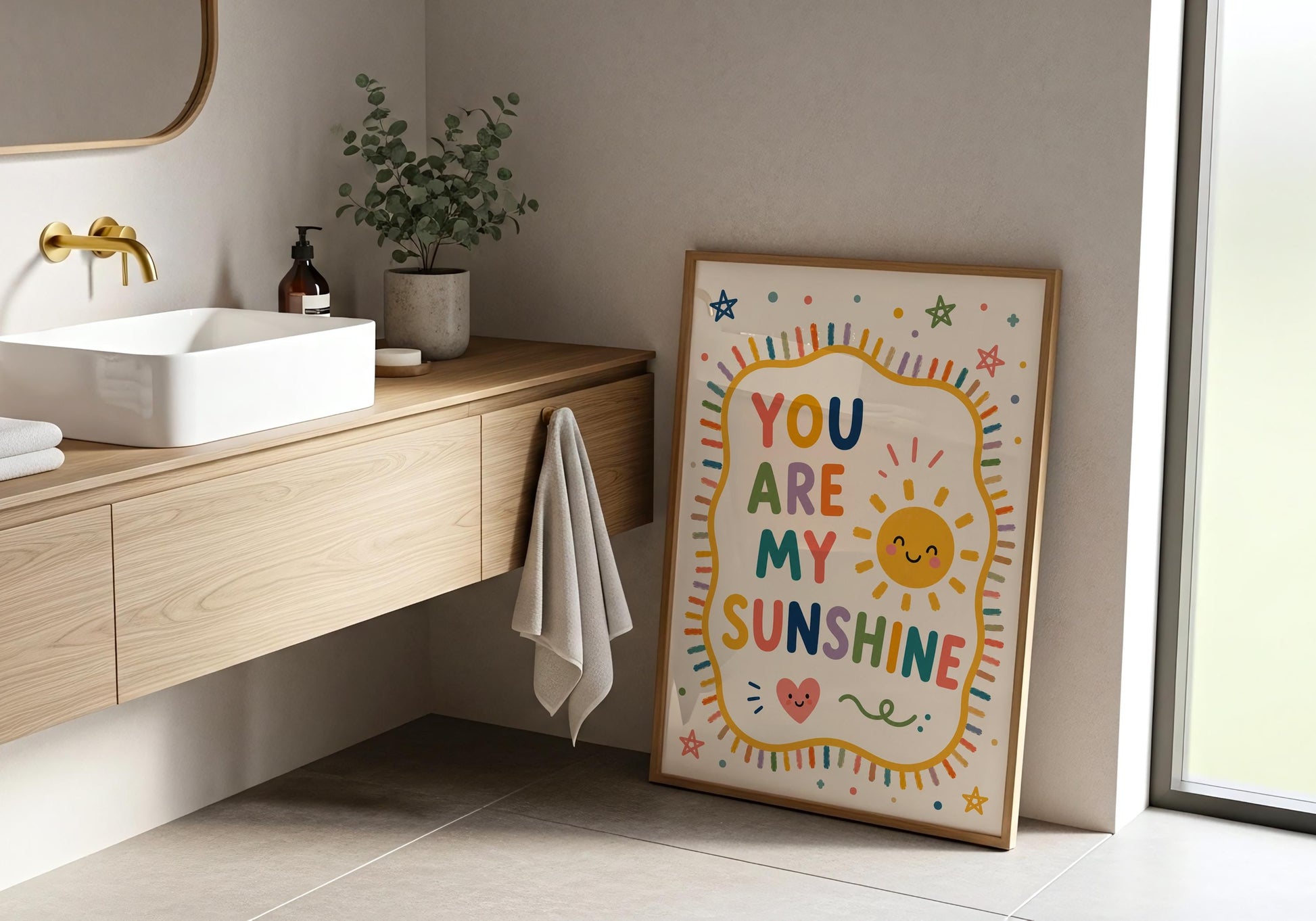 Cute nursery poster with You Are My Sunshine quote for boho nursery, baby room and playroom decoration.