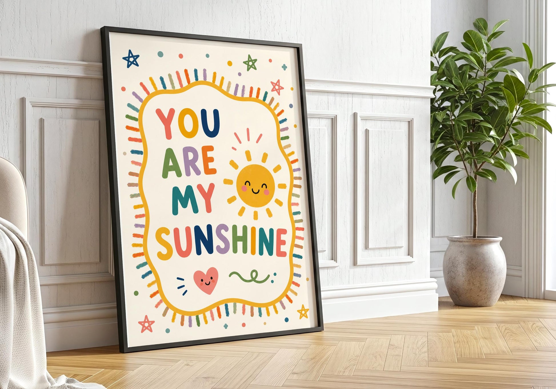 Baby room decor print with colourful You Are My Sunshine typography and whimsical sunshine illustration.