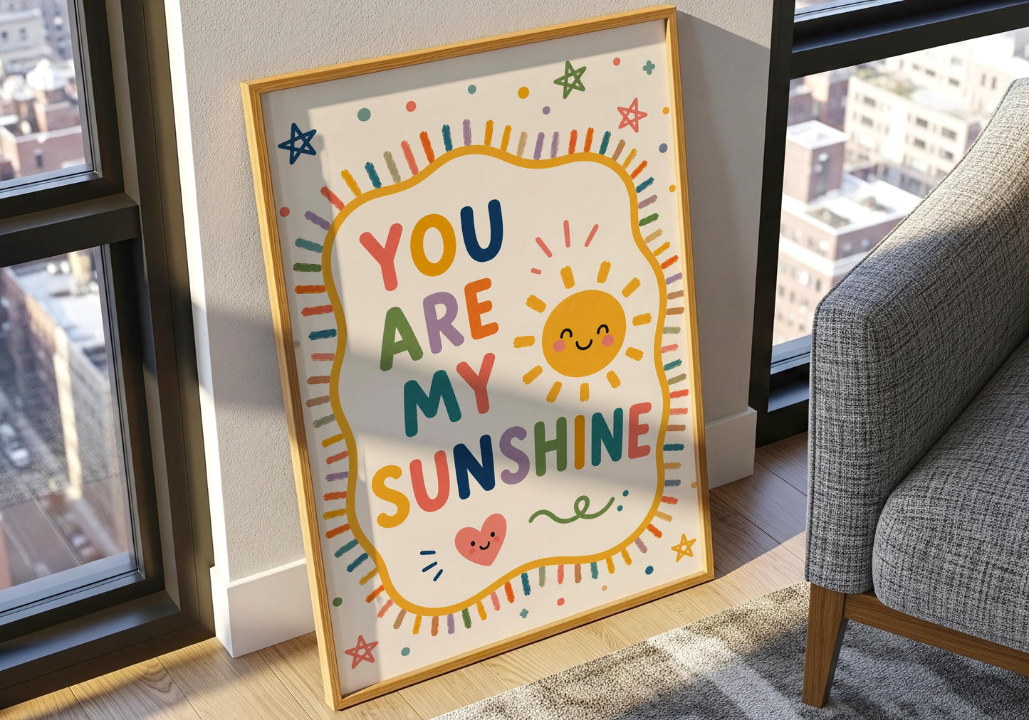 Playroom wall art featuring You Are My Sunshine quote in bright colours with cheerful smiling sun design.