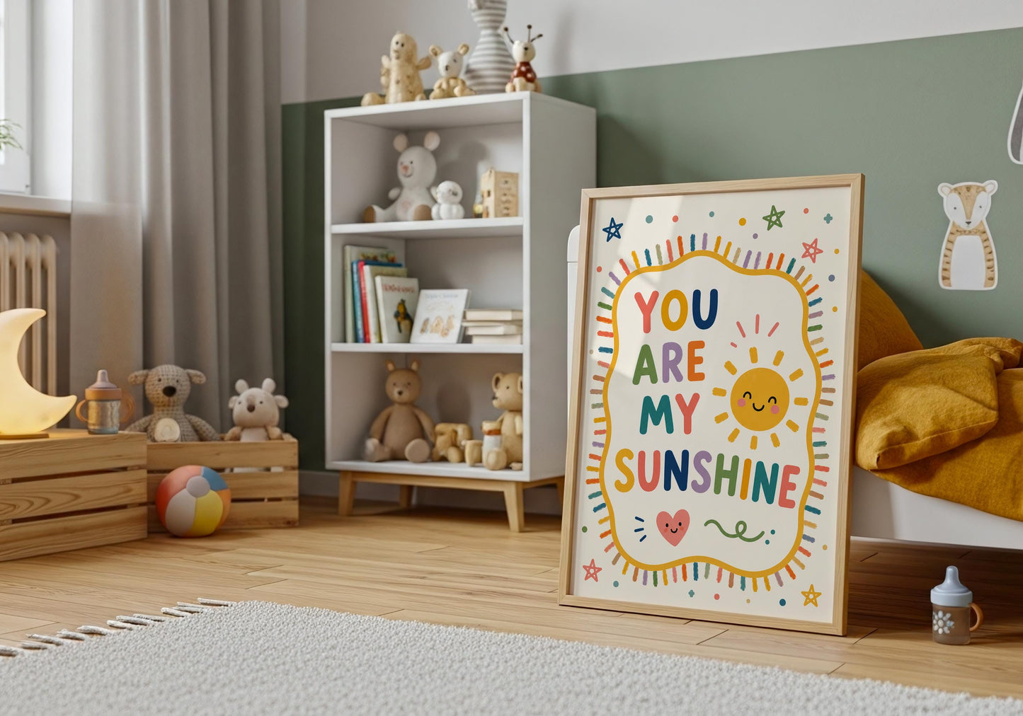 Colourful children's wall art featuring a smiling sun and You Are My Sunshine quote for nursery decor.
