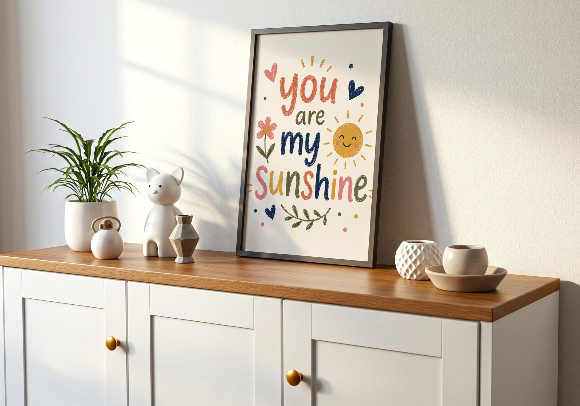 Positive sunshine quote wall art featuring cheerful hand lettering and floral accents for a child's bedroom.
