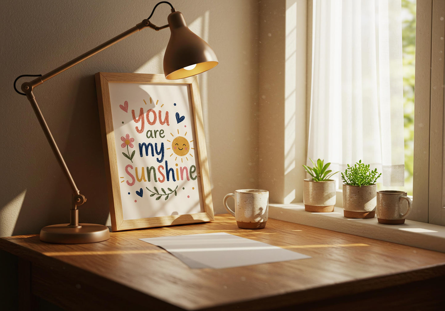 Scandinavian style kids room print with You Are My Sunshine quote and smiling sun illustration in soft colours.