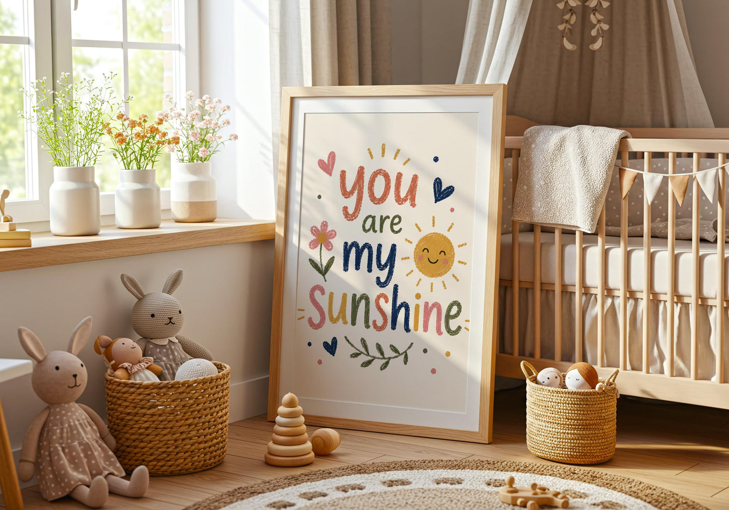 Cute sunshine quote poster for kids room, colourful wall decoration with playful lettering and botanical details.
