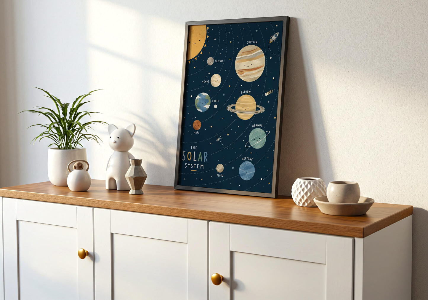 Educational solar system poster with labelled planets for space themed nursery decoration.