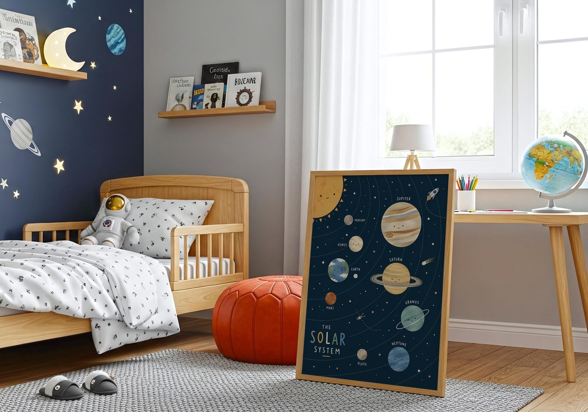 Space nursery decor with colourful solar system illustration for boys and girls bedrooms.