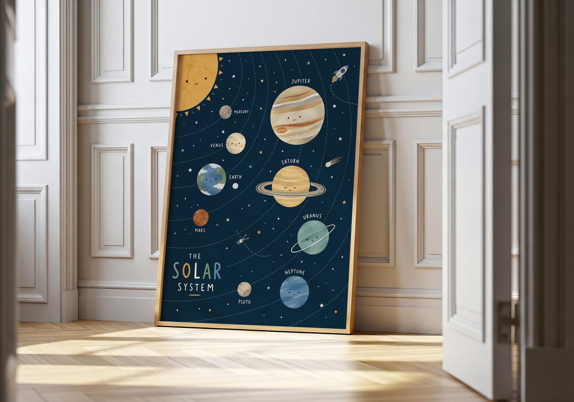 Solar system nursery wall art featuring illustrated planets and stars for children's bedroom decor.