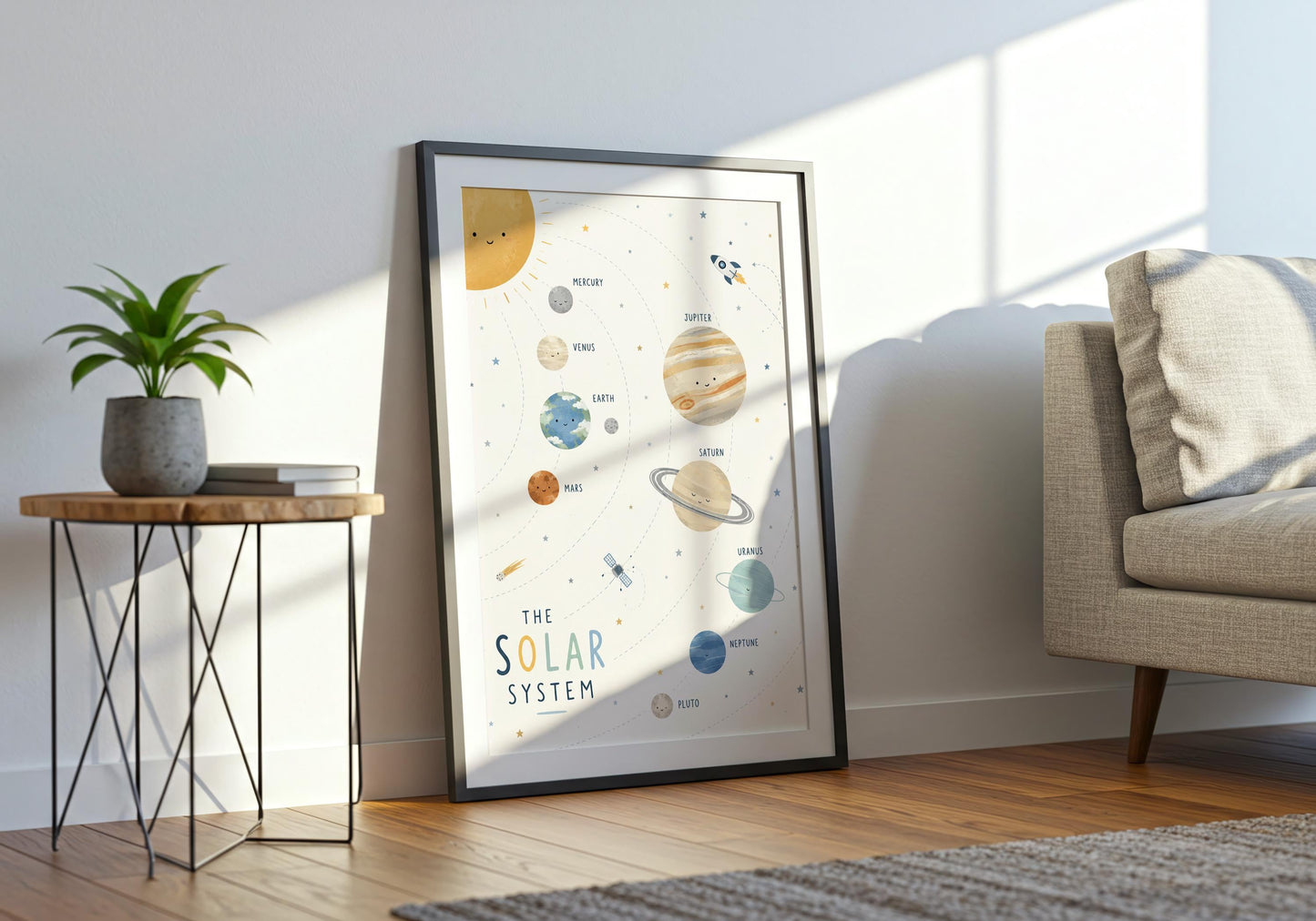 Outer space educational print for nursery featuring the solar system, planets and celestial illustrations.