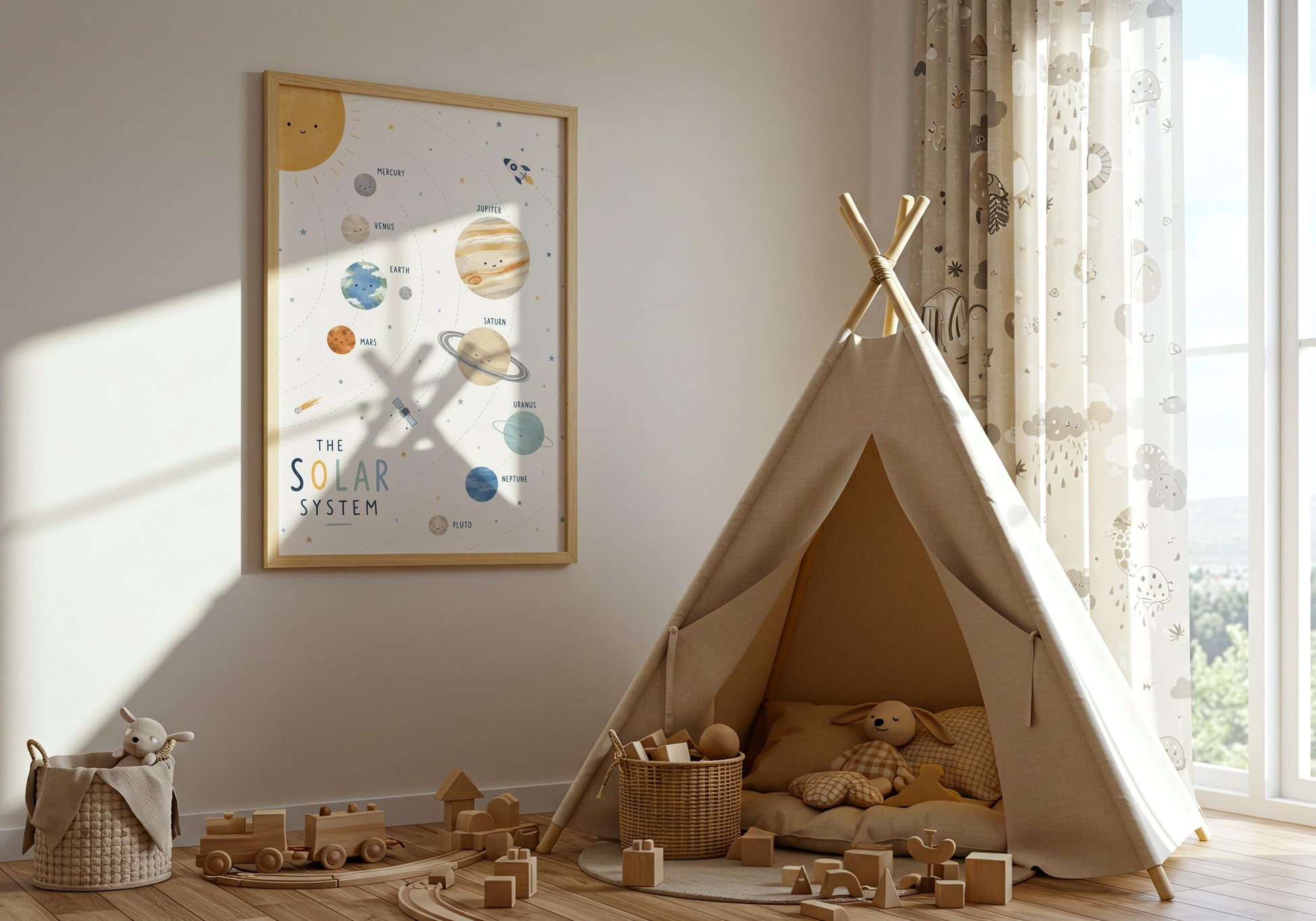 Science wall art for children featuring a colourful solar system chart with labelled planets and stars.