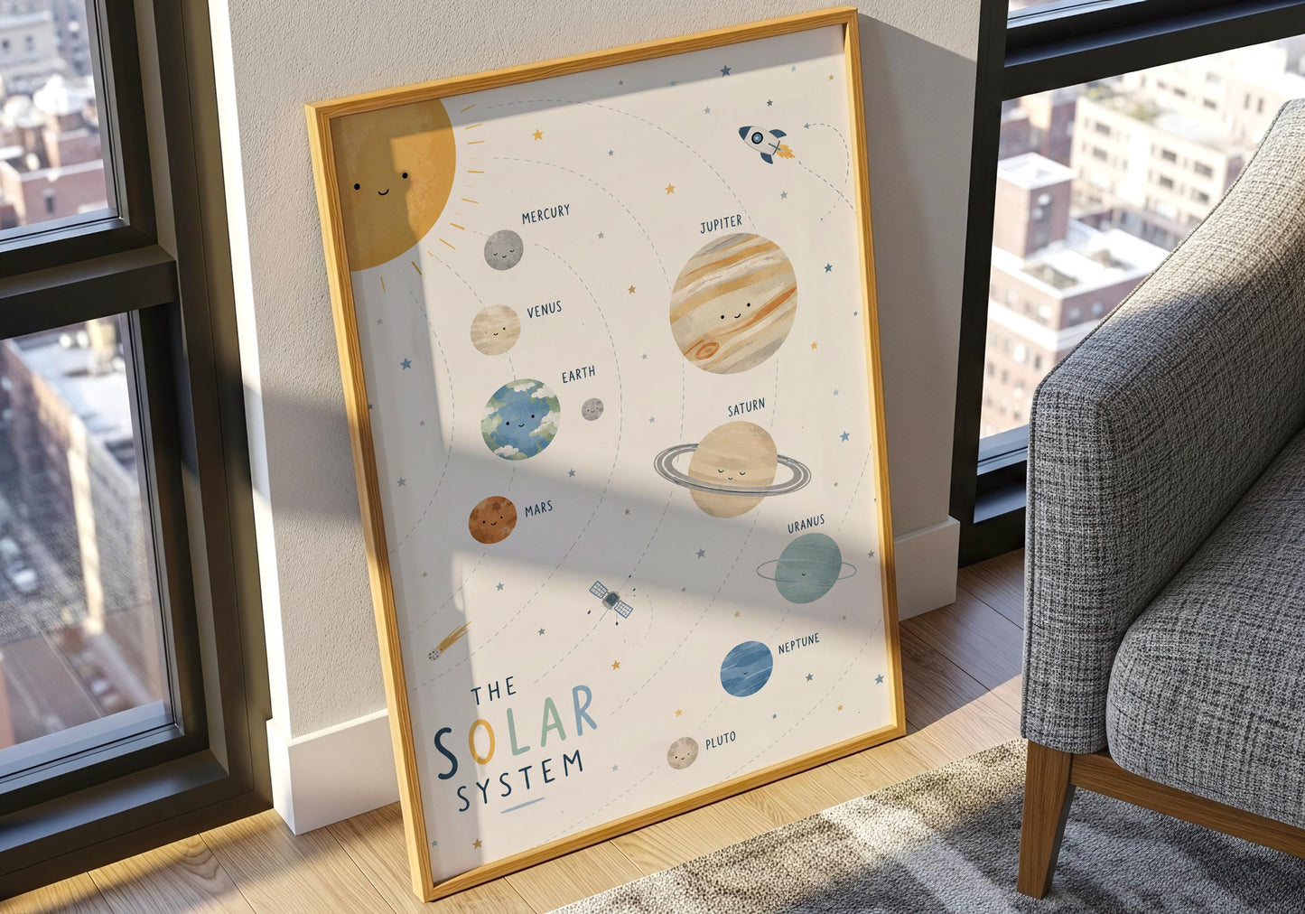 Space nursery decor featuring Mercury, Venus, Earth, Mars and the outer planets in a playful educational design.