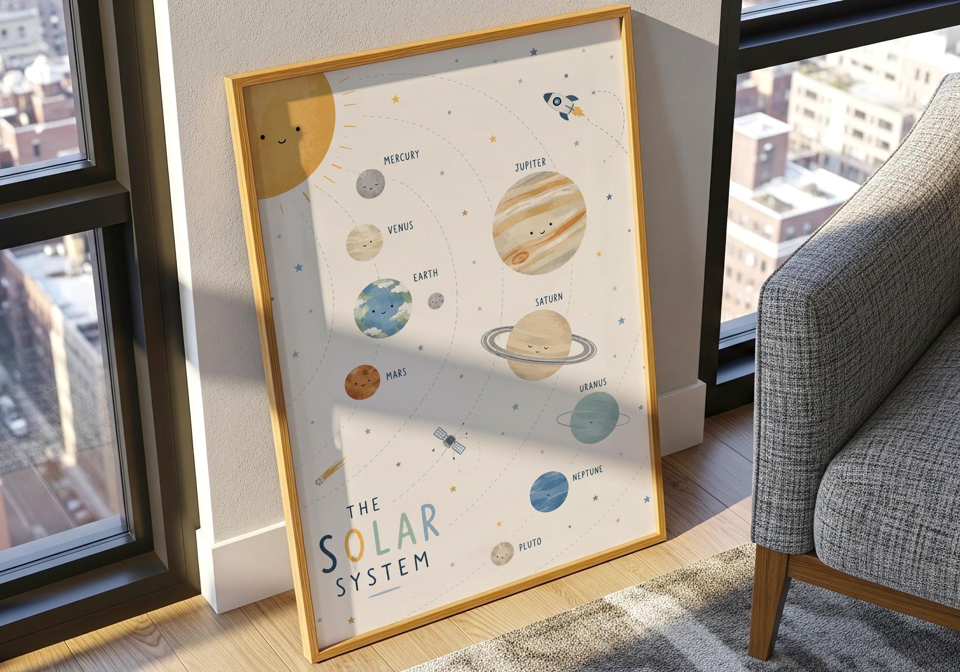 Space nursery decor featuring Mercury, Venus, Earth, Mars and the outer planets in a playful educational design.