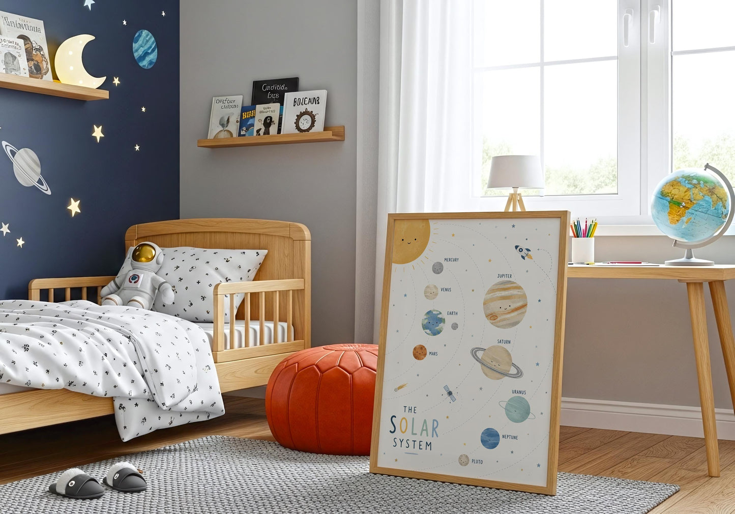STEM nursery wall decor with illustrated planets, stars and educational solar system artwork for curious young minds.