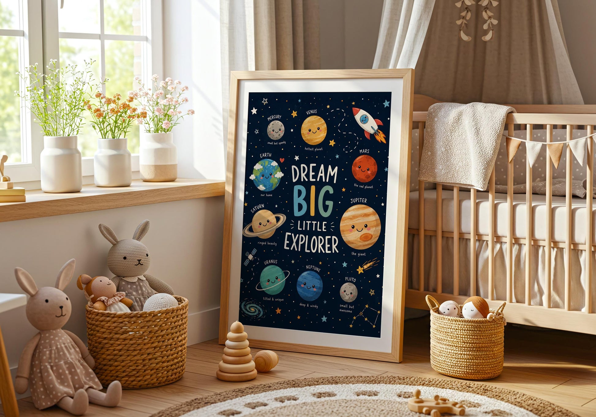 Planet wall art for nursery with colourful solar system illustration and Dream Big Little Explorer quote.