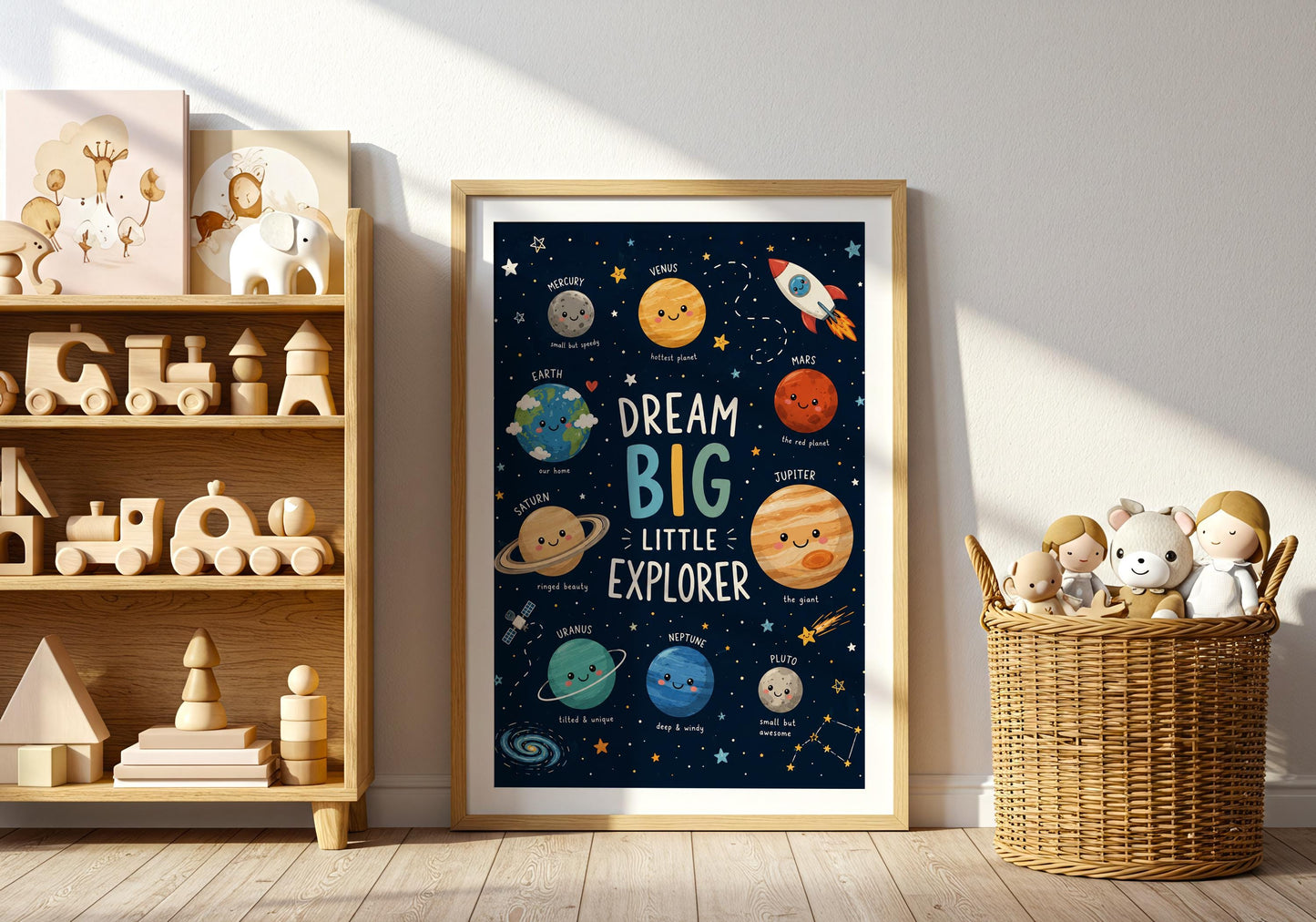 Educational astronomy poster for kids featuring labelled planets and space-themed nursery artwork.