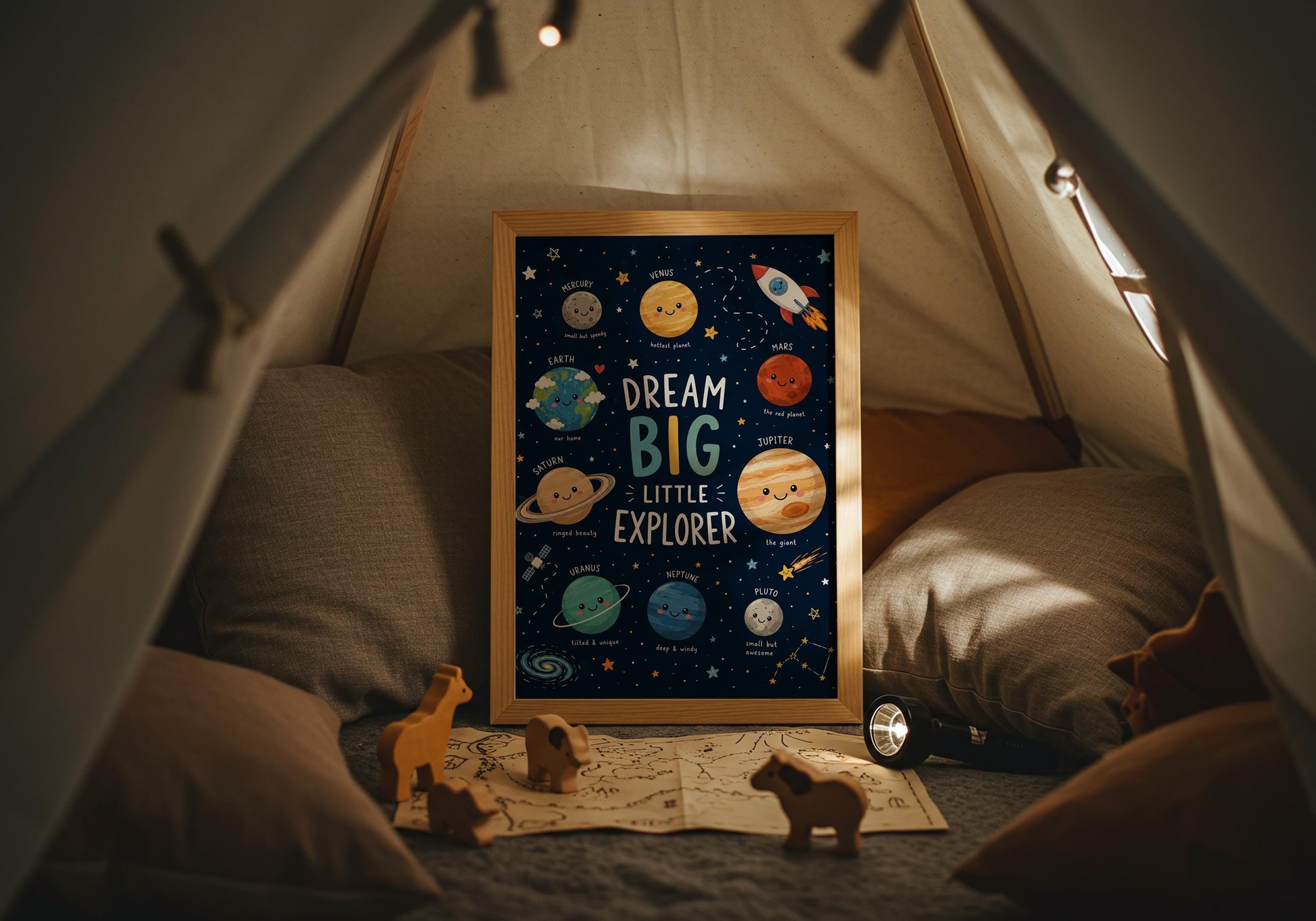 Astronomy nursery poster with smiling planets and colourful outer space illustrations for children.