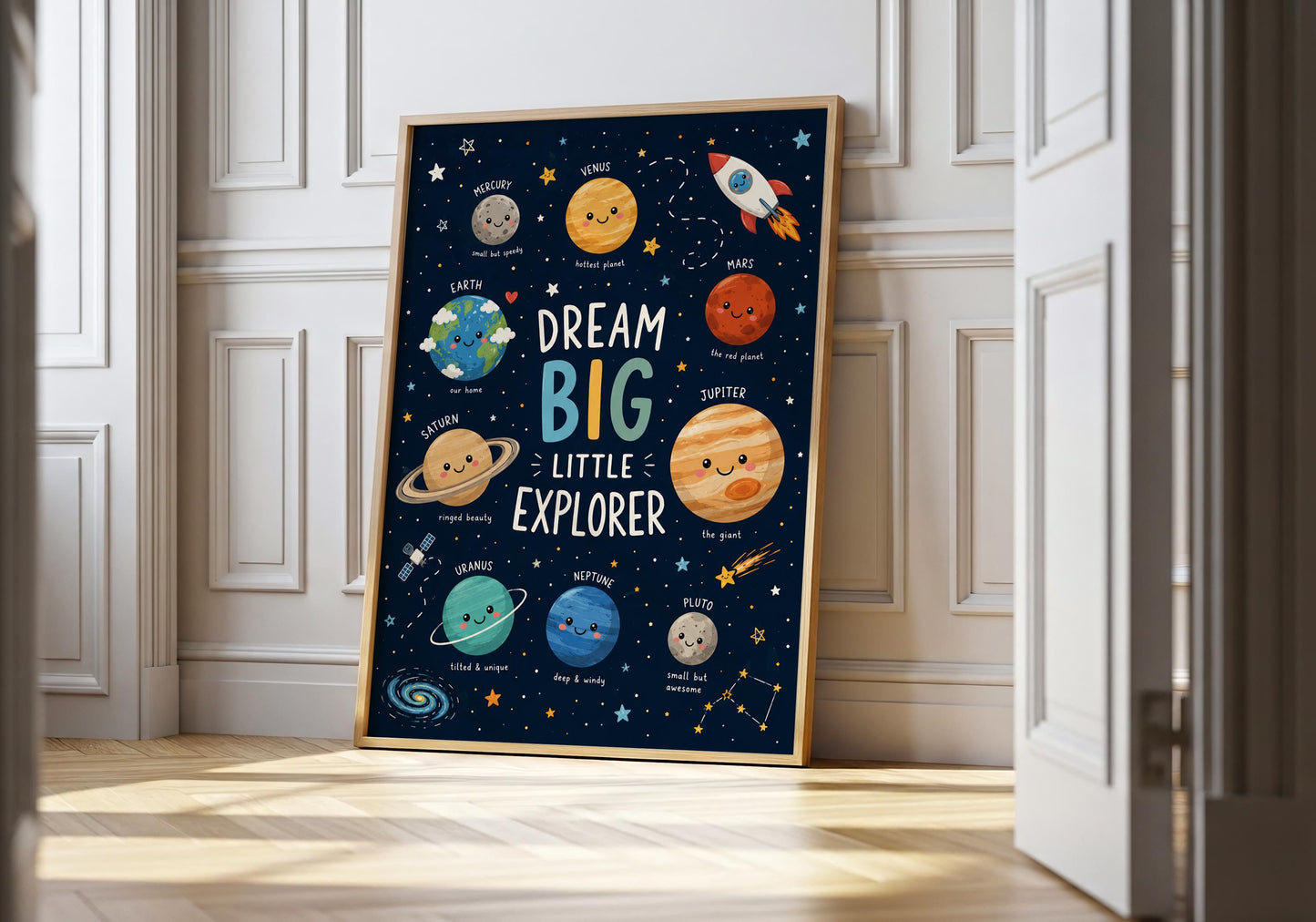 Dream Big Little Explorer space nursery print featuring colourful planets and smiling solar system illustrations.