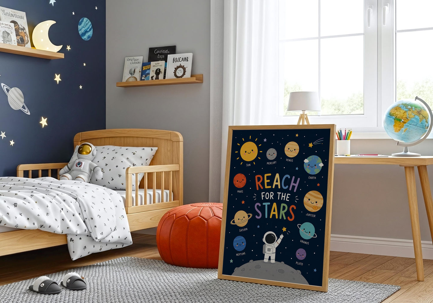 Solar system wall art featuring labelled planets and motivational space quote for kids.