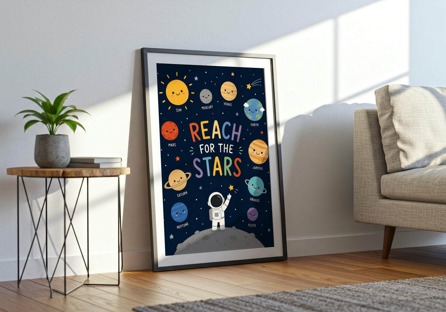 Space nursery wall art with colourful planets and inspirational Reach for the Stars quote.