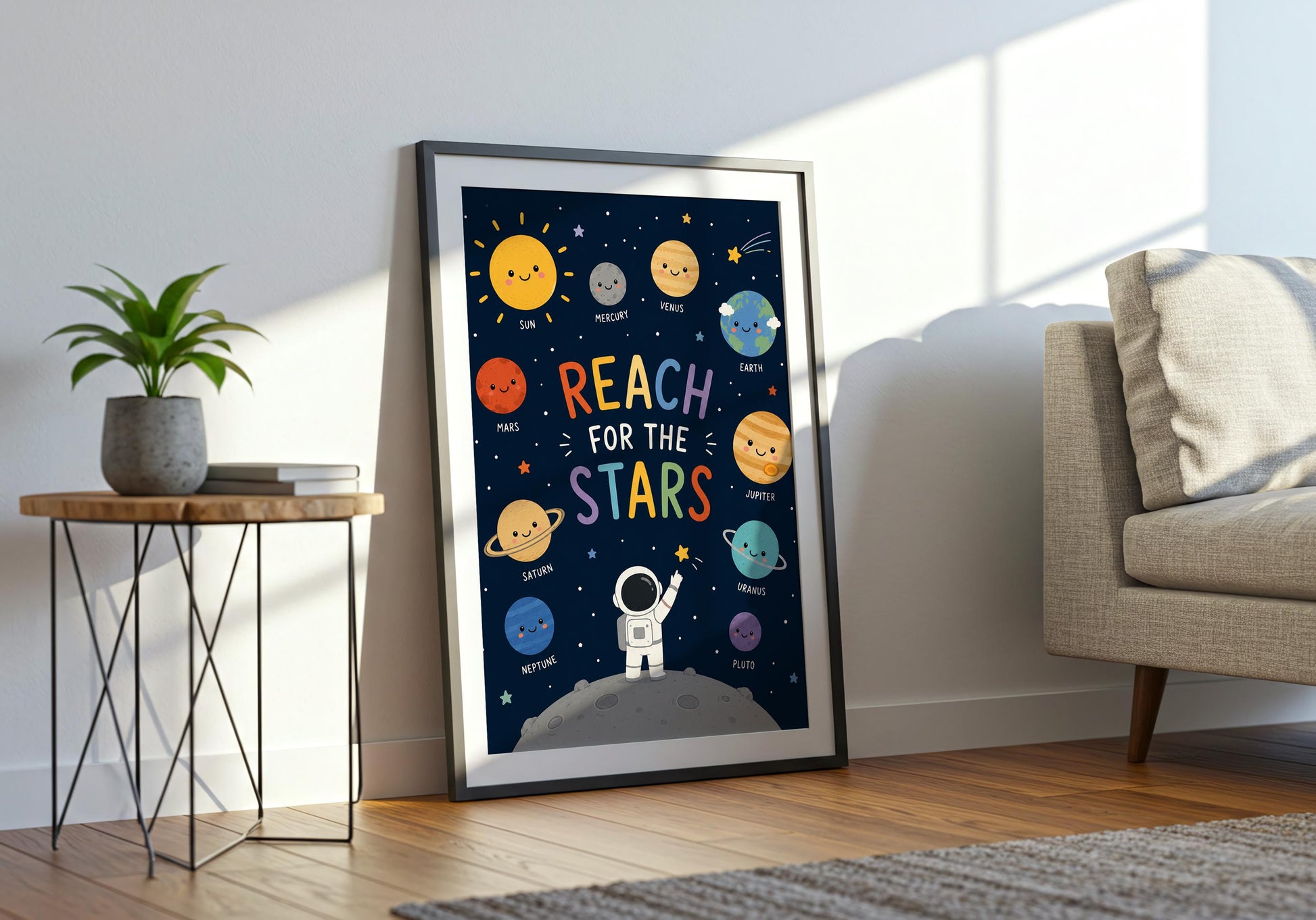 Space nursery wall art with colourful planets and inspirational Reach for the Stars quote.