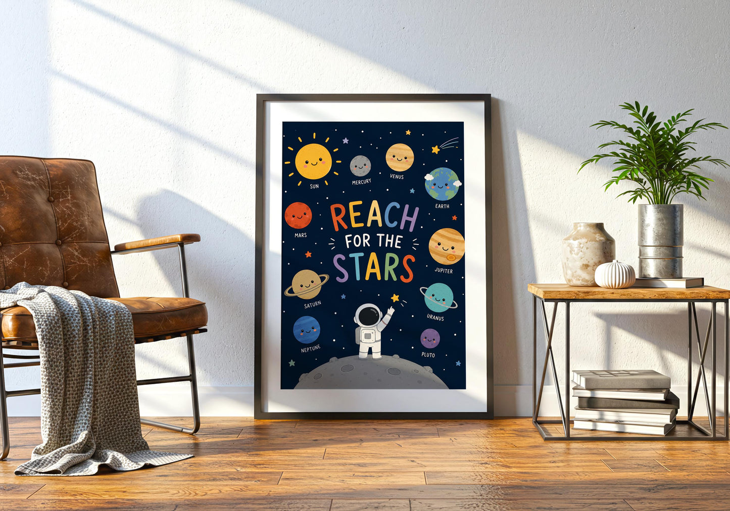 Astronaut nursery poster with educational solar system illustration for children's bedroom.