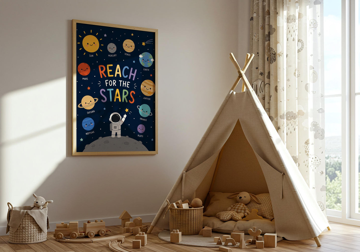 Outer space nursery decor with astronaut, planets, stars and colourful educational artwork.