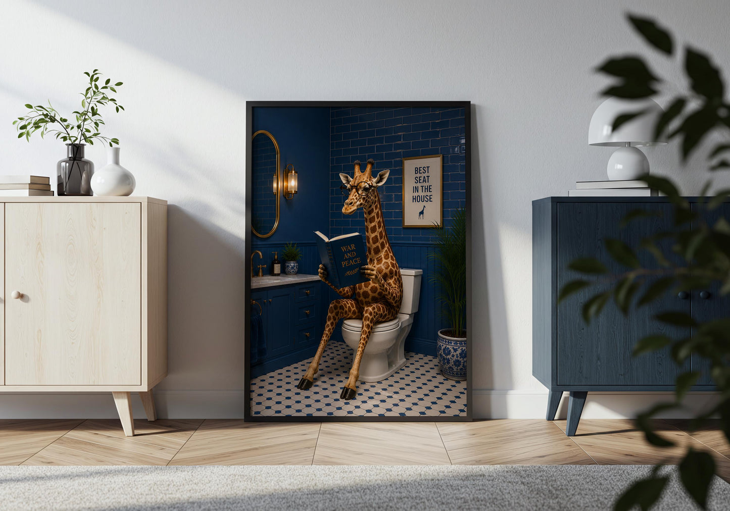 Quirky animal bathroom print showing a giraffe enjoying a book on the loo.