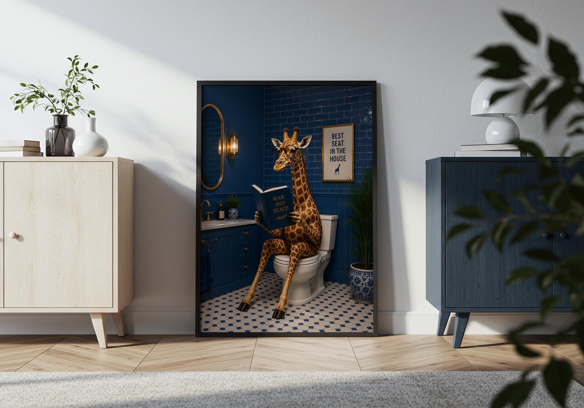 Quirky animal bathroom print showing a giraffe enjoying a book on the loo.