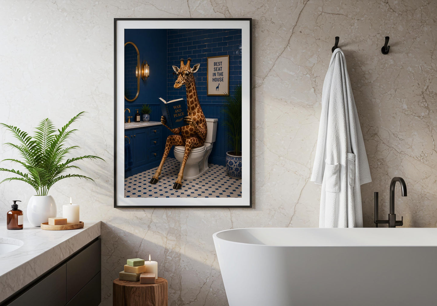 Bathroom humour print featuring a reading giraffe and funny home decor theme.