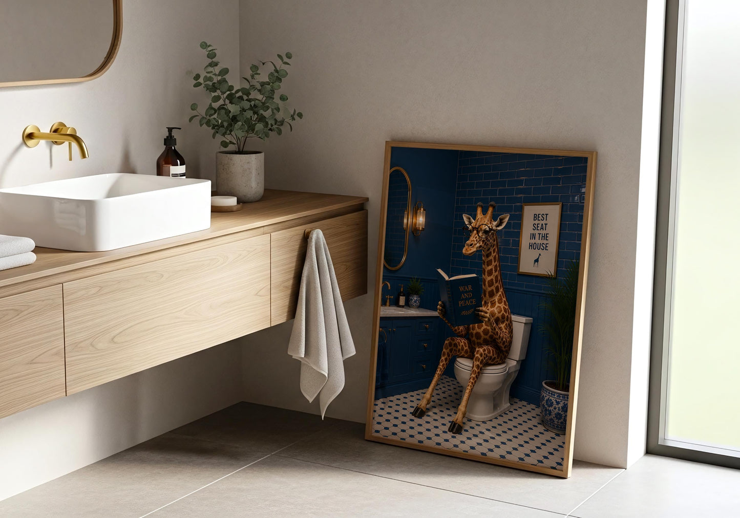 Funny toilet wall art with stylish giraffe illustration for modern bathrooms.