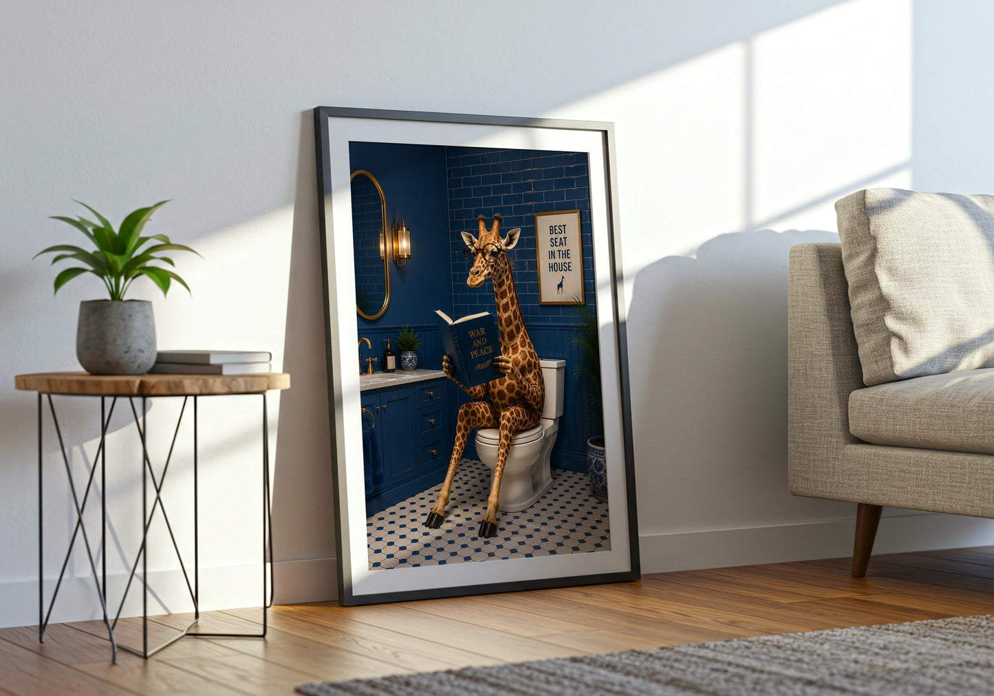 Guest bathroom artwork featuring a giraffe reading on the toilet in a blue bathroom.