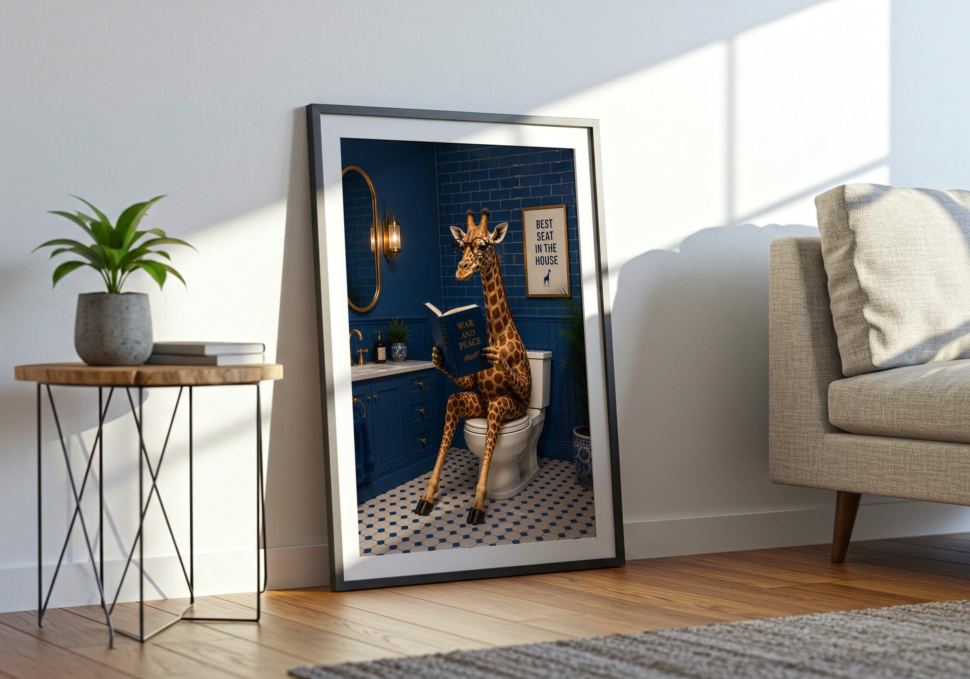Guest bathroom artwork featuring a giraffe reading on the toilet in a blue bathroom.