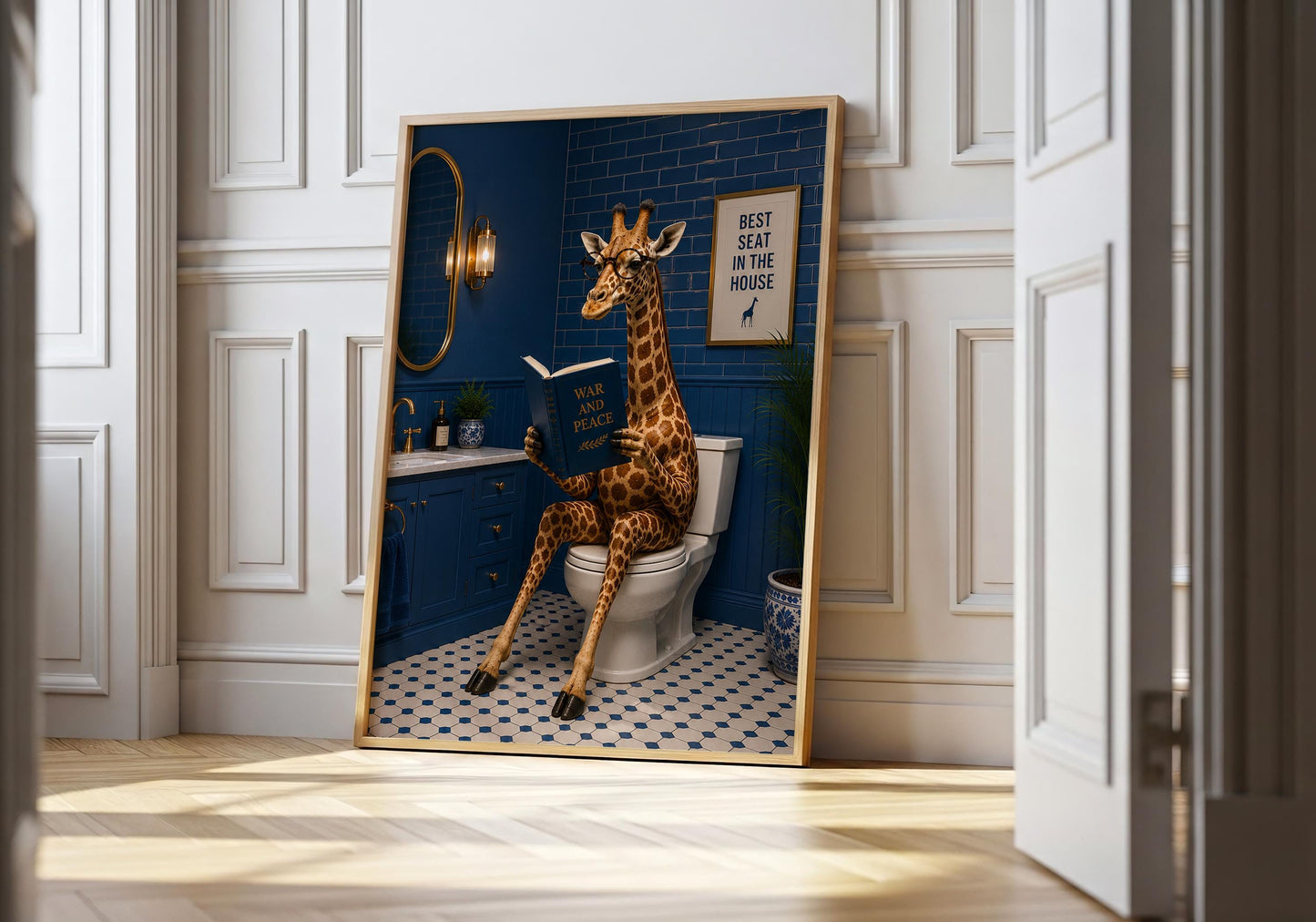 Funny bathroom wall art featuring a giraffe reading a book while sitting on a toilet.