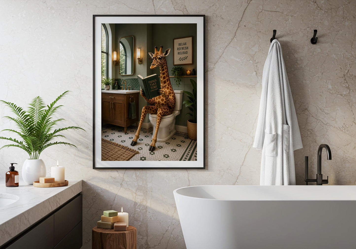 Reading giraffe bathroom print for modern guest bathroom decor with humorous animal artwork.