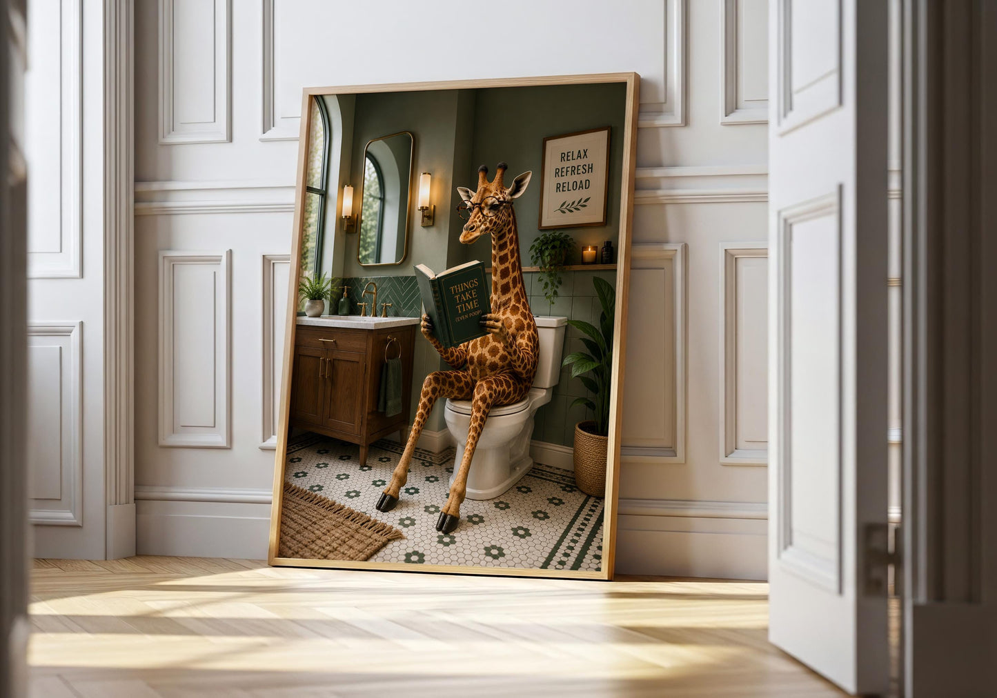 Funny bathroom wall art featuring a giraffe reading a book while sitting on a toilet in a stylish bathroom.