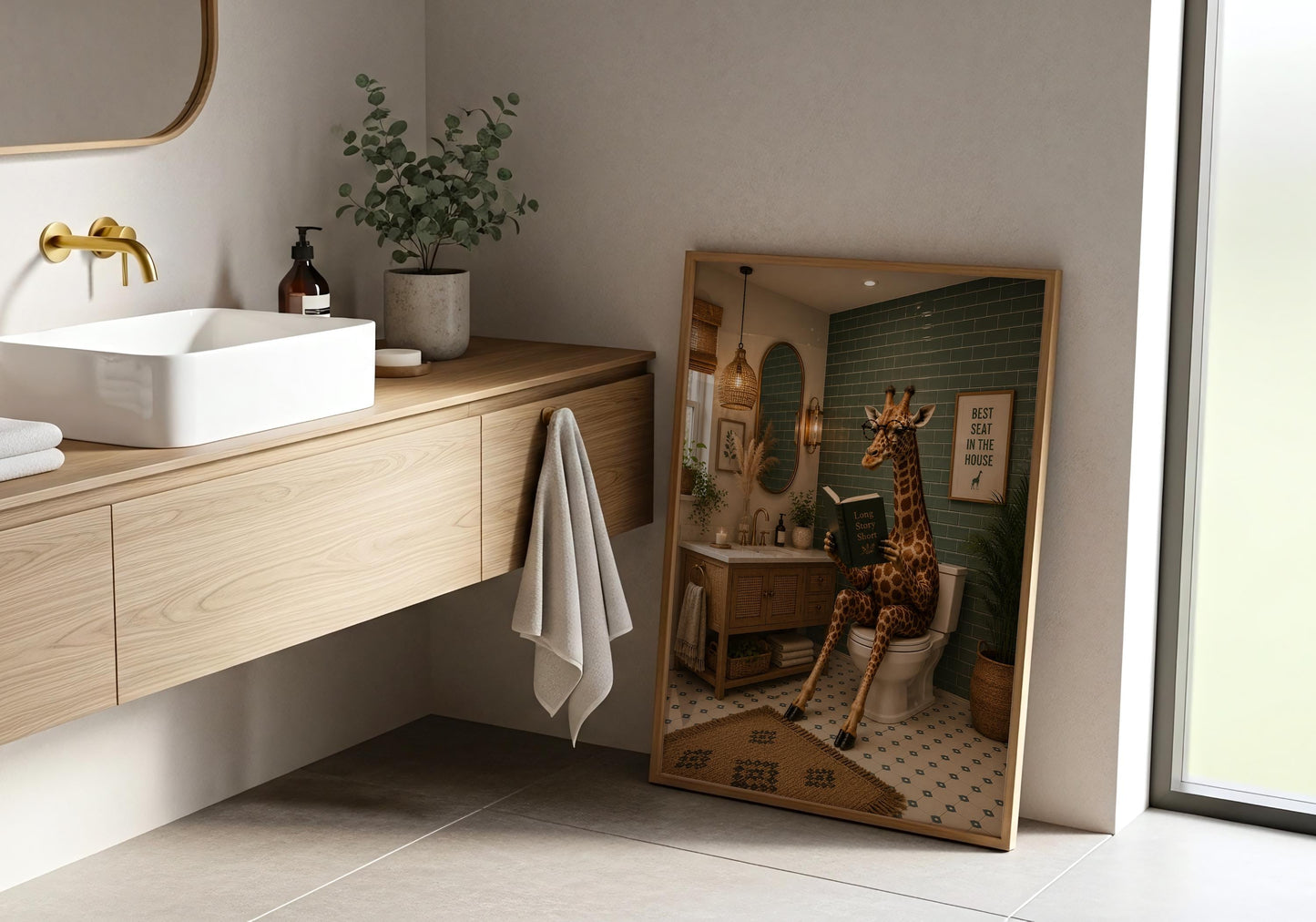Funny toilet wall art featuring a sophisticated giraffe in a modern farmhouse bathroom.