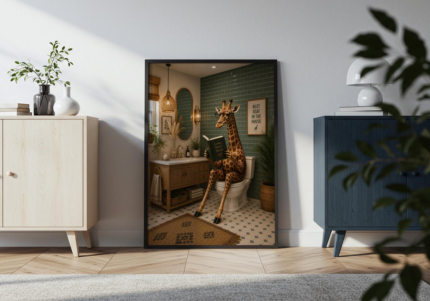 Guest bathroom decor with reading giraffe artwork and humorous Best Seat in the House quote.