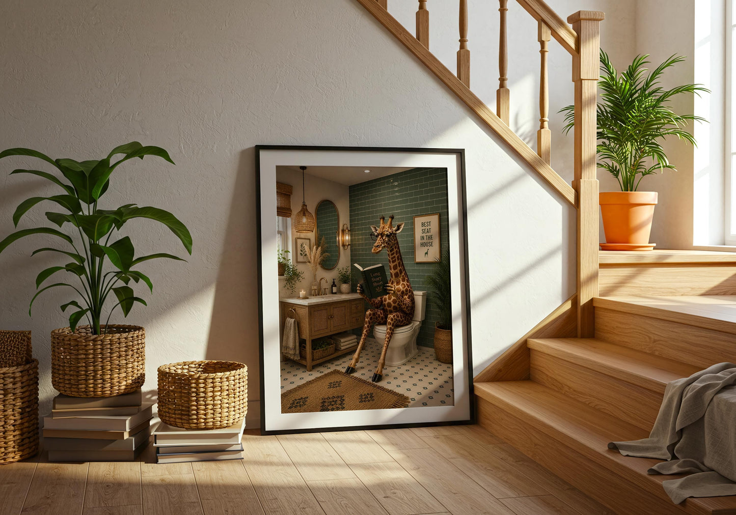 Humorous guest bathroom print with elegant giraffe reading in a stylish green bathroom.