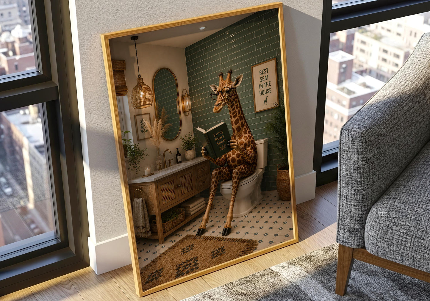Animal bathroom wall art showing a giraffe relaxing on the toilet with a book.