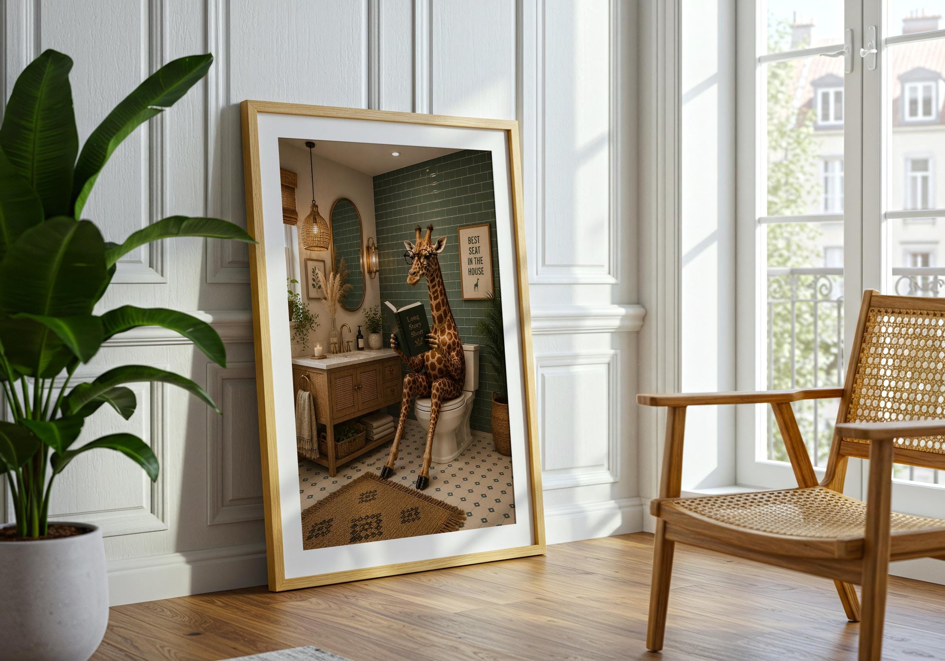 Bathroom humour print featuring a giraffe reading Long Story Short in a luxury bathroom.