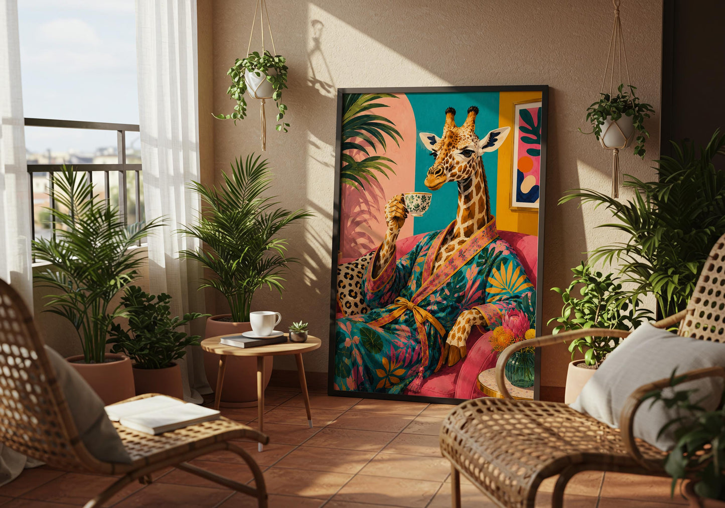Colourful safari-inspired giraffe illustration for maximalist interior design.