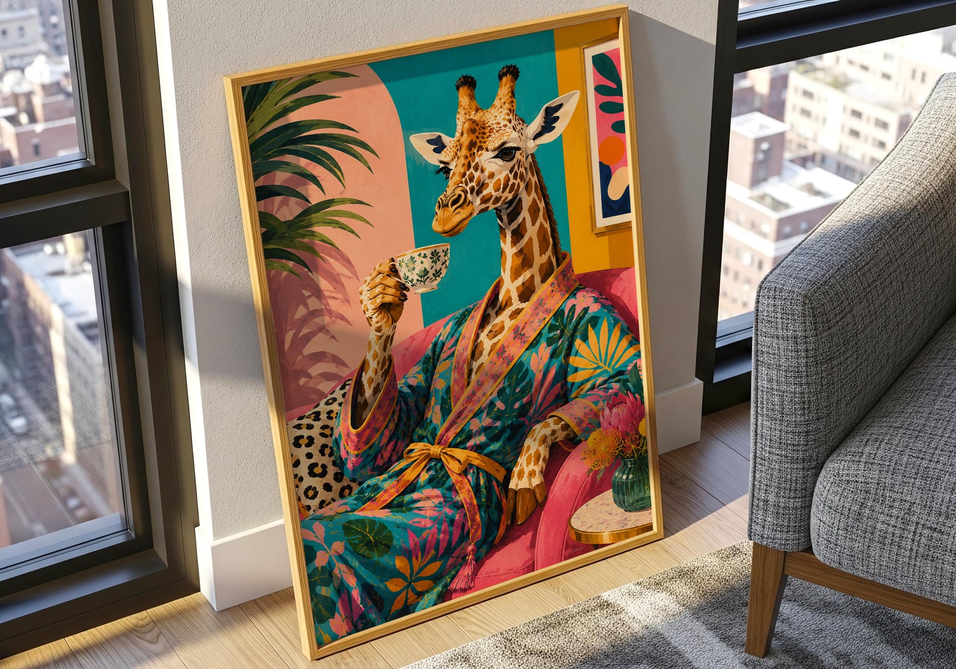 Vibrant giraffe poster with tropical styling for modern home decor.