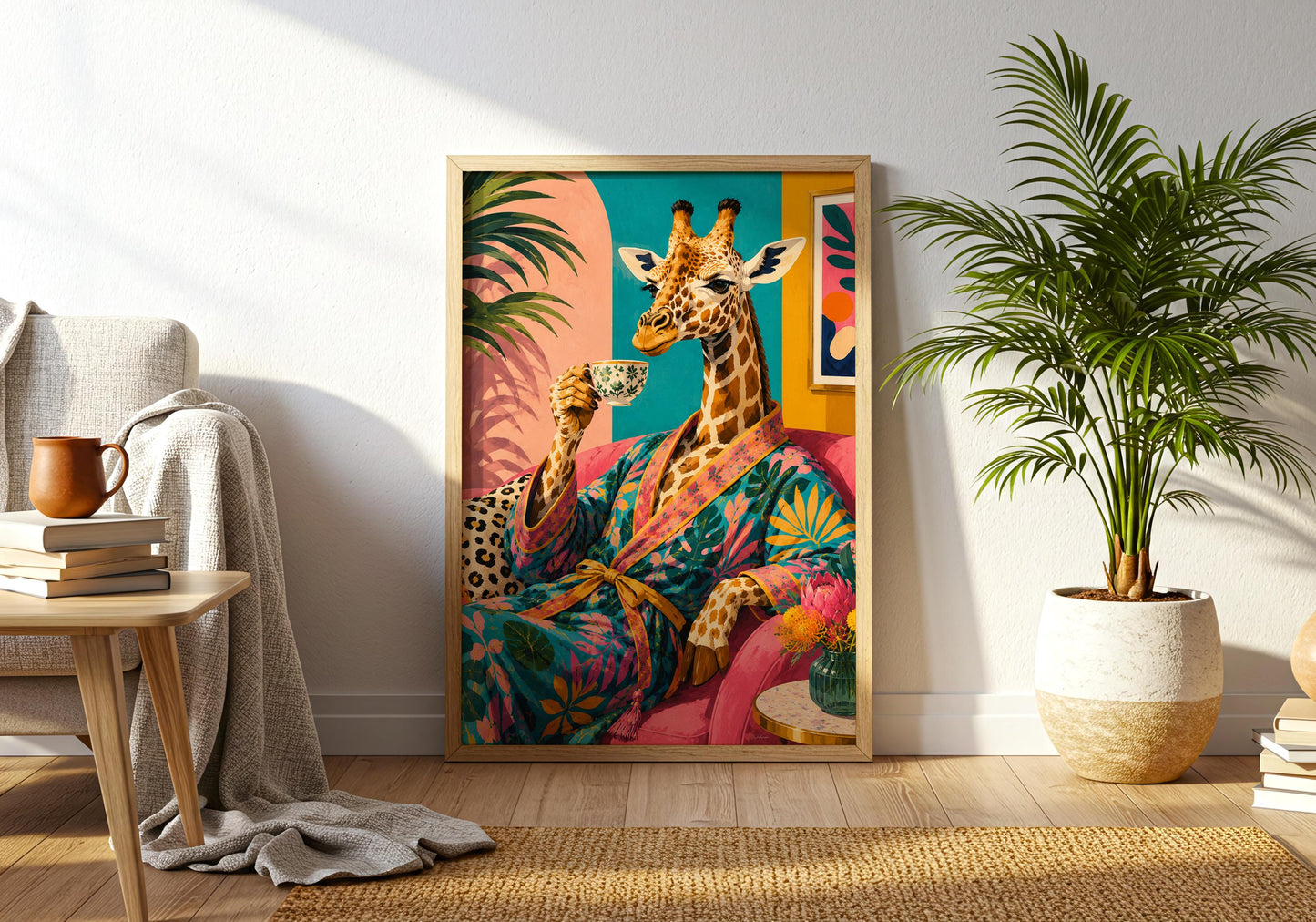 Eclectic giraffe print with bold pink, teal and botanical details.