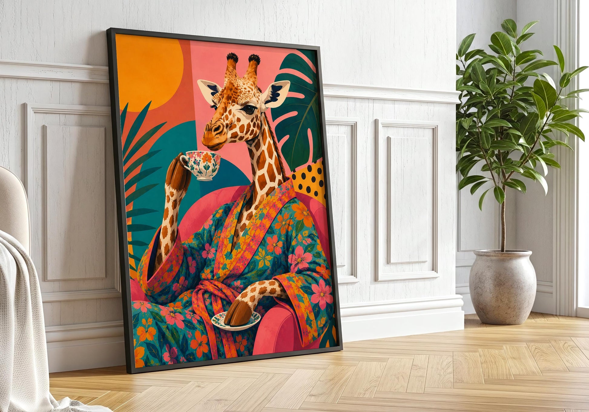 Dopamine decor print with tropical leaves and vibrant pink, orange and teal colours.