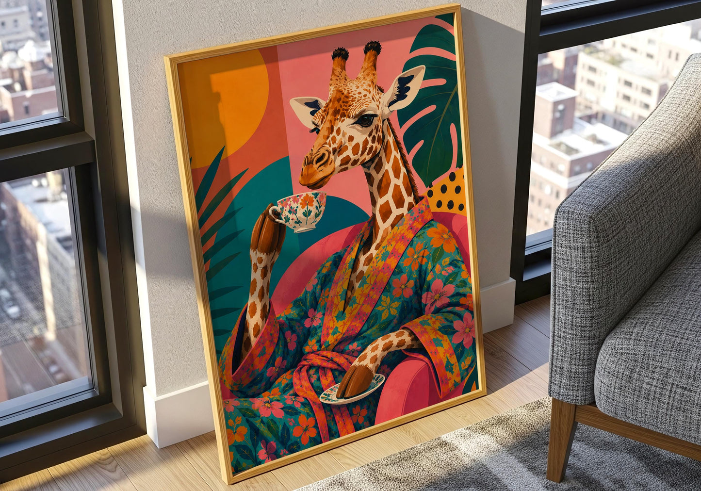 Eclectic wall art featuring a stylish giraffe and colourful botanical design.