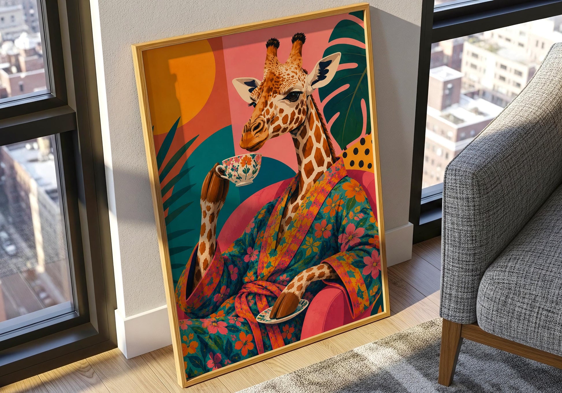 Eclectic wall art featuring a stylish giraffe and colourful botanical design.