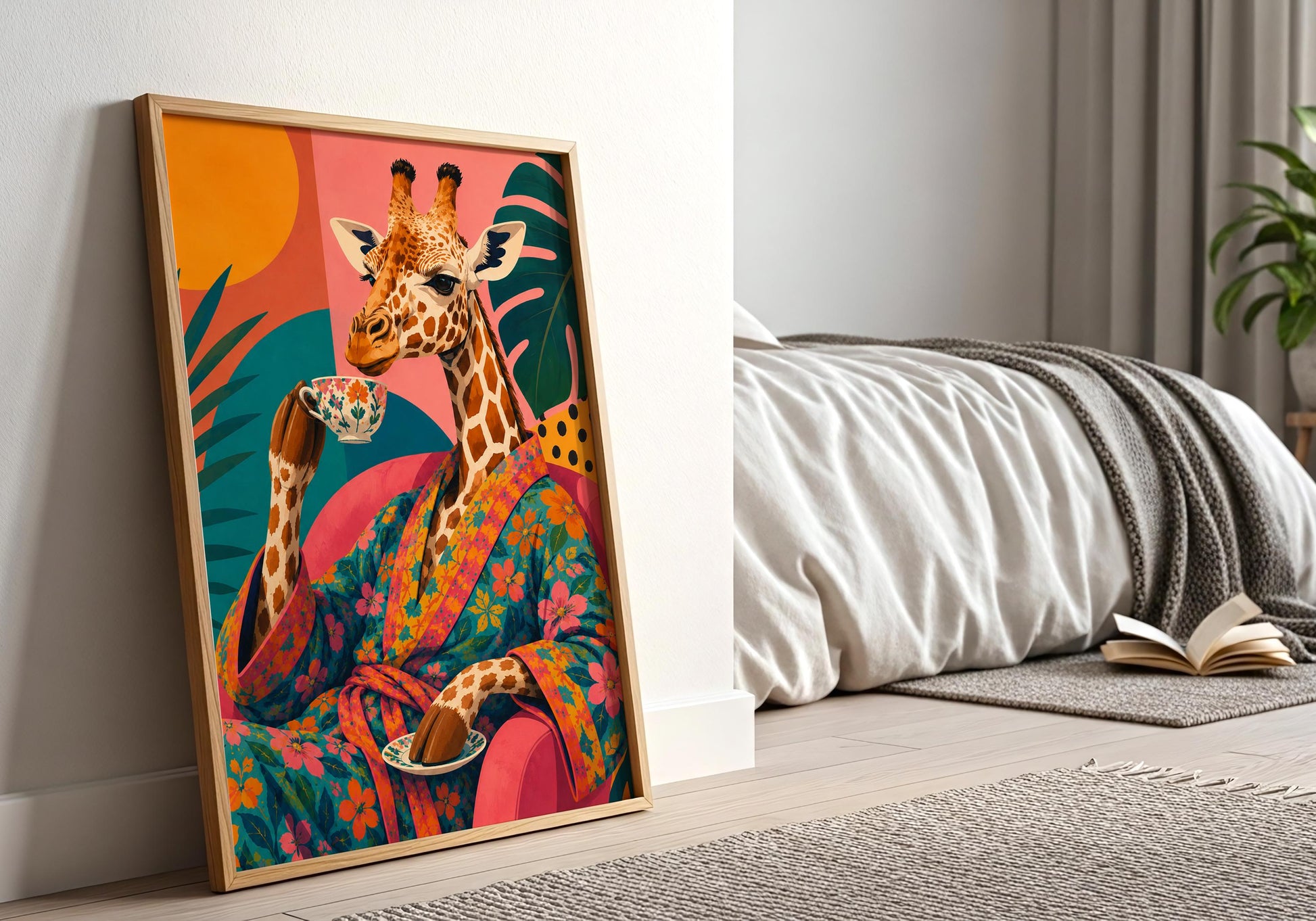 Funky botanical wall art featuring a giraffe enjoying tea in bright colours.