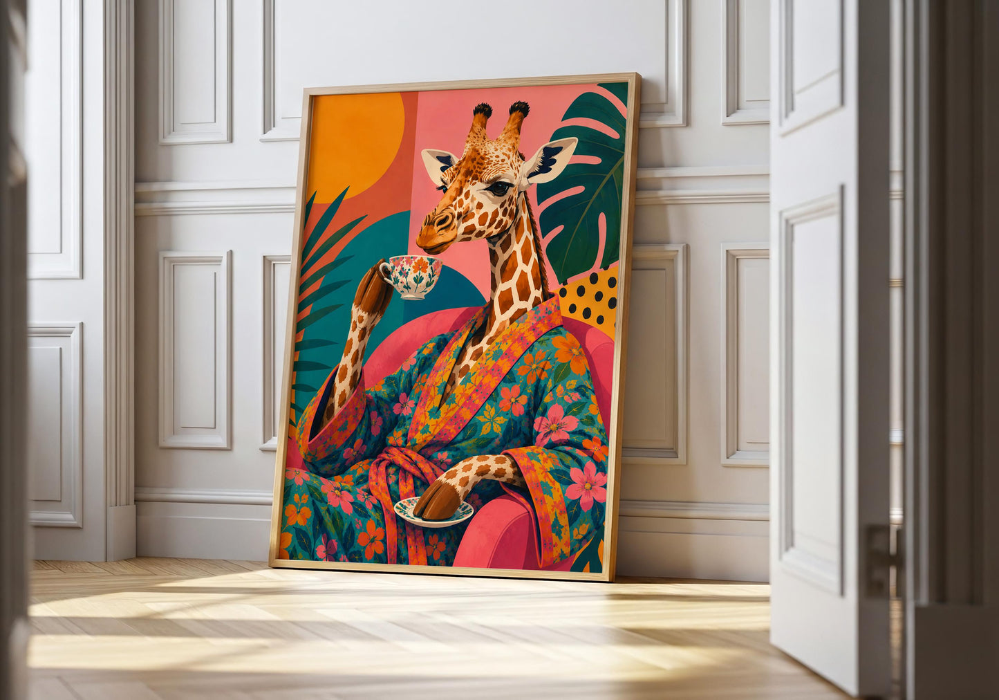 Maximalist wall art featuring a colourful giraffe in a floral robe holding a teacup.